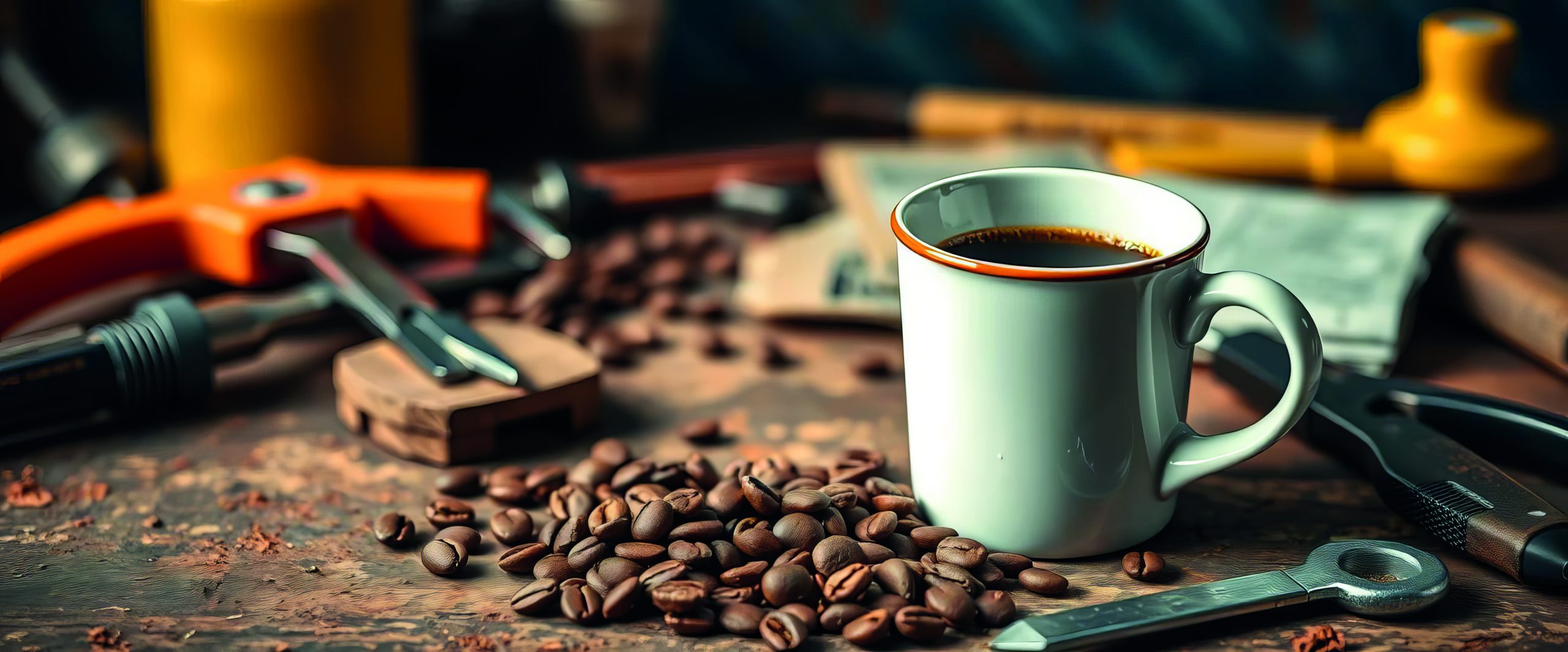 Coffee break maintenance, tools and coffee cup, repair, wrench